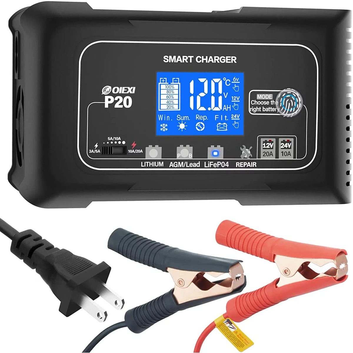 OIEXI 20-Amp Smart Energy Source Charger,Lithium,LiFePO4,Lead-Acid,Portable Car Energy Source Charger,Trickle Charger,Maintainer/Deep Cycle Charger,12V/20A and 24V/10A Adjustable,for Boat,Lawn Mower,Golf Cart..