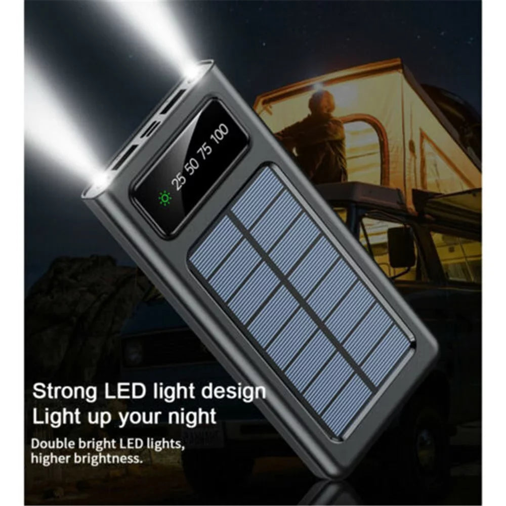 Solar-Charger-Power-Bank - Portable Charger,20000mAh 4 Qi Charger Solar Panel Built-in 3 Kinds Output Cable and LED Flashlights