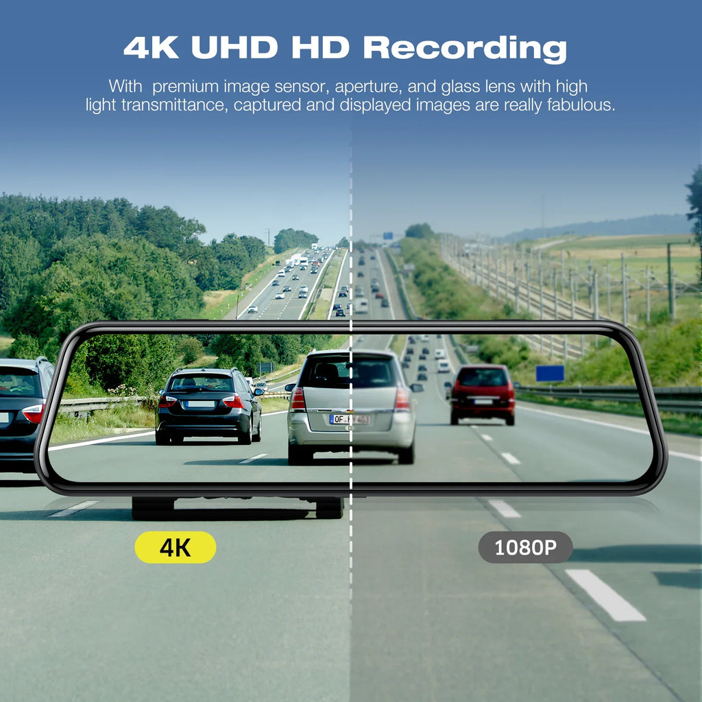 TOGUARD Backup Camera Rear View Mirror Camera, 10" Touch Display 4K+1080P Front and Rear Dash Cam, with 64GB Memory Card, Parking Assist, Parking Monitoring, GPS