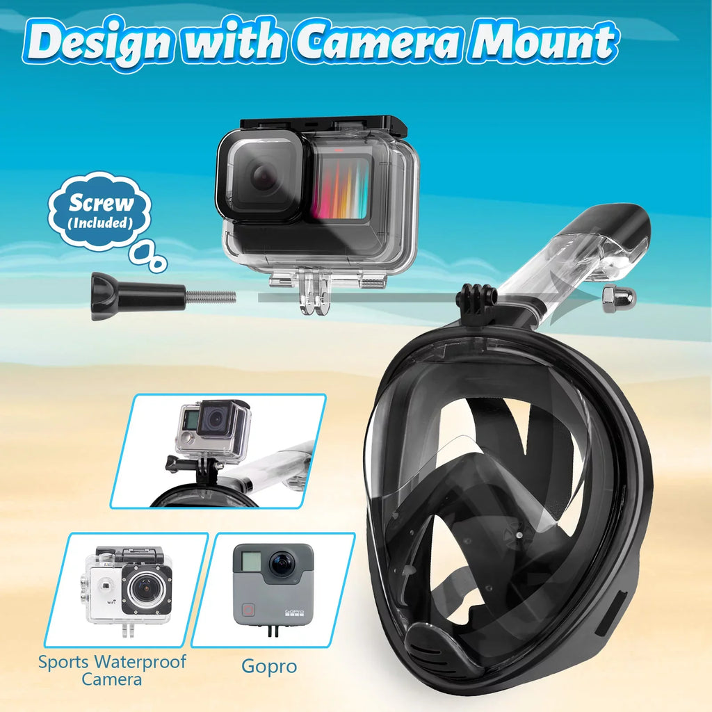 Full Face Snorkel Mask, Snorkeling Mask with Detachable Camera Mount, Memory View Upgraded Dive Mask with Safety Breathing System, Dry Top Set L/XL