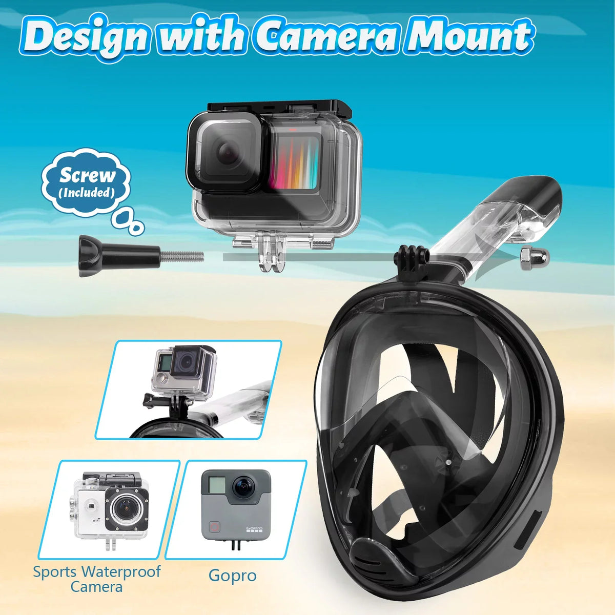 Full Face Snorkel Mask, Snorkeling Mask with Detachable Camera Mount, Memory View Upgraded Dive Mask with Safety Breathing System, Dry Top Set L/XL