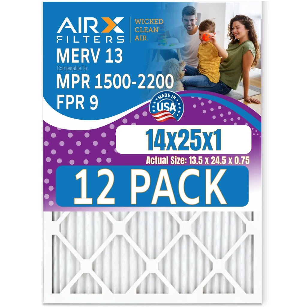 14x25x1 Air Filter MERV 13 Rating, 12 Pack of Furnace Filters Comparable to MPR 1500 - 2200 & FPR 9 - Made in USA by AIRX FILTERS WICKED CLEAN AIR.