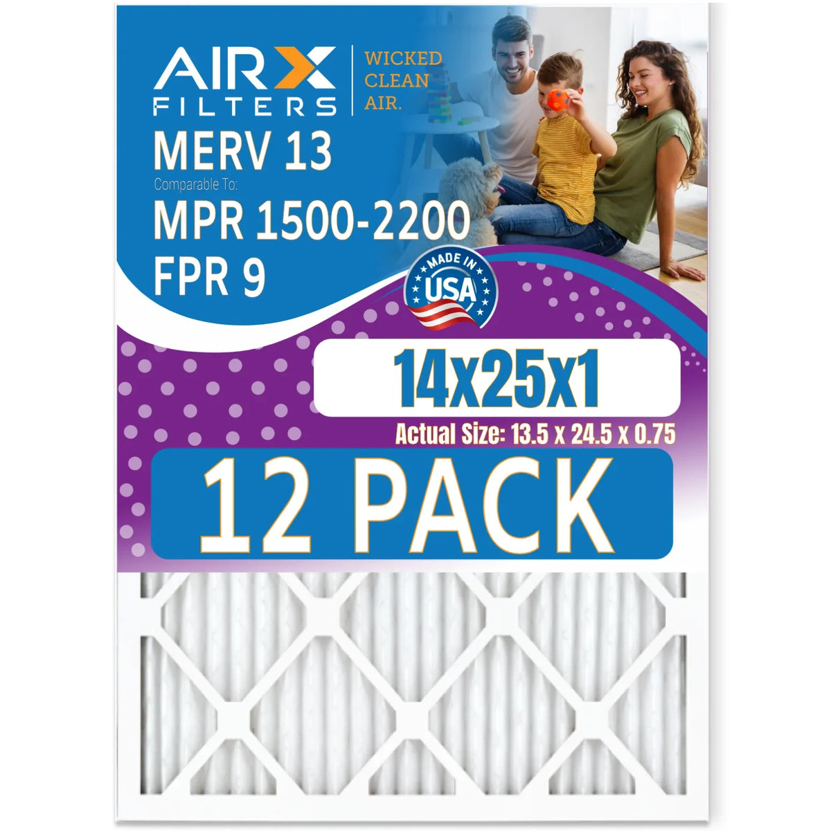 14x25x1 Air Filter MERV 13 Rating, 12 Pack of Furnace Filters Comparable to MPR 1500 - 2200 & FPR 9 - Made in USA by AIRX FILTERS WICKED CLEAN AIR.