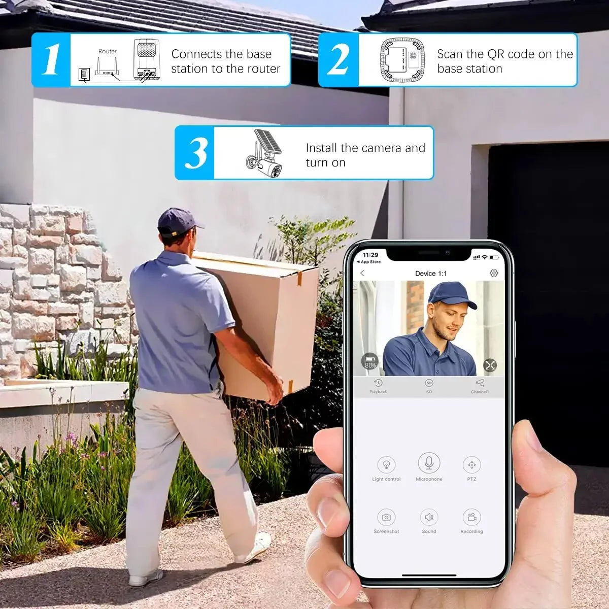 {100% Wire-Free Solar Powered} 2pcs camera system, 2-Way Audio with Antennas, 2K 3.0MP Solar Powered Wireless Camera with Rechargeable Batteries