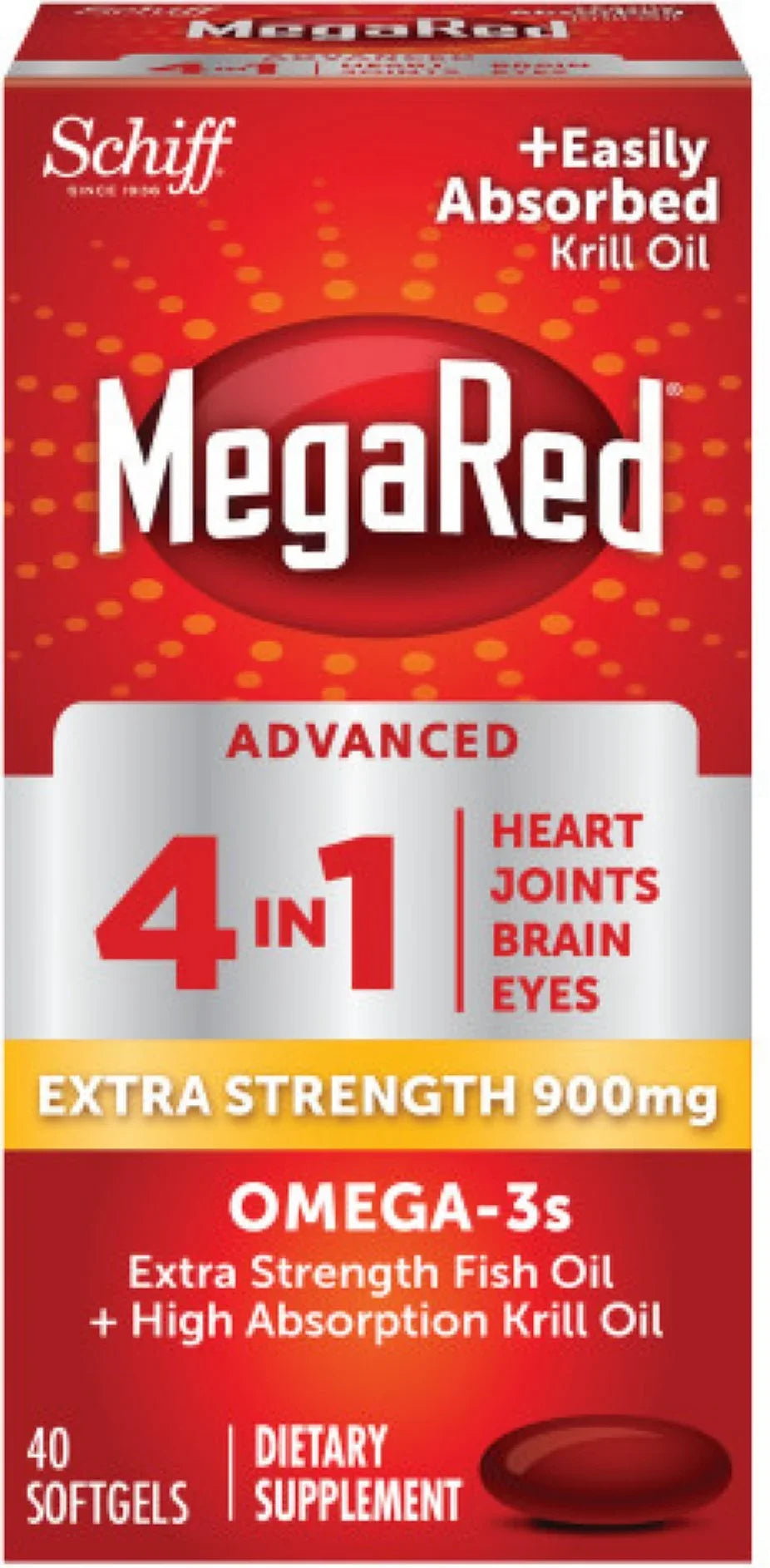 MegaRed Advanced 4 in 1 Omega-3 Fish Oil & Krill Oil Softgels, 900 Mg, 40 Ct, 2 Pack