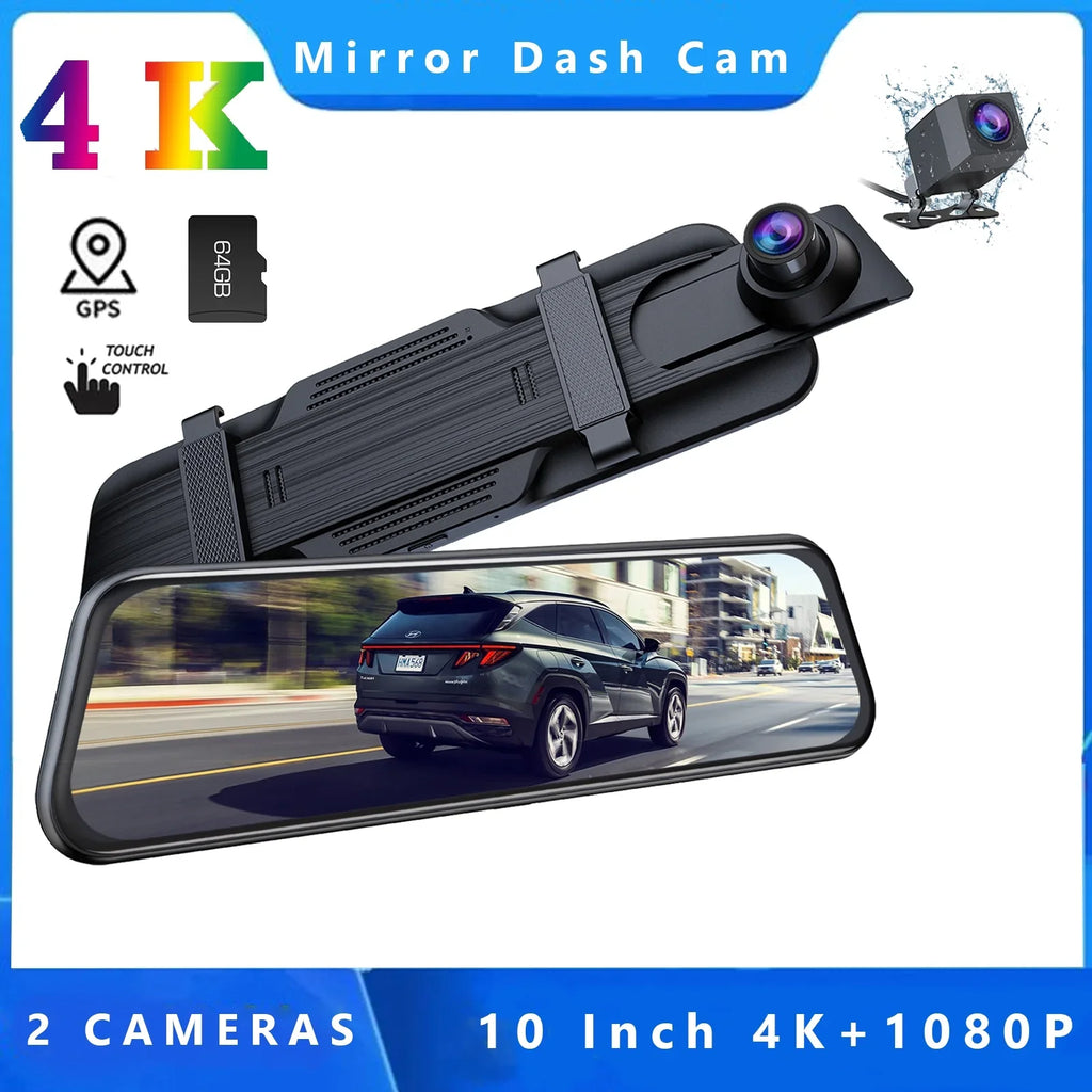 TOGUARD Backup Camera Rear View Mirror Camera, 10" Touch Display 4K+1080P Front and Rear Dash Cam, with 64GB Memory Card, Parking Assist, Parking Monitoring, GPS