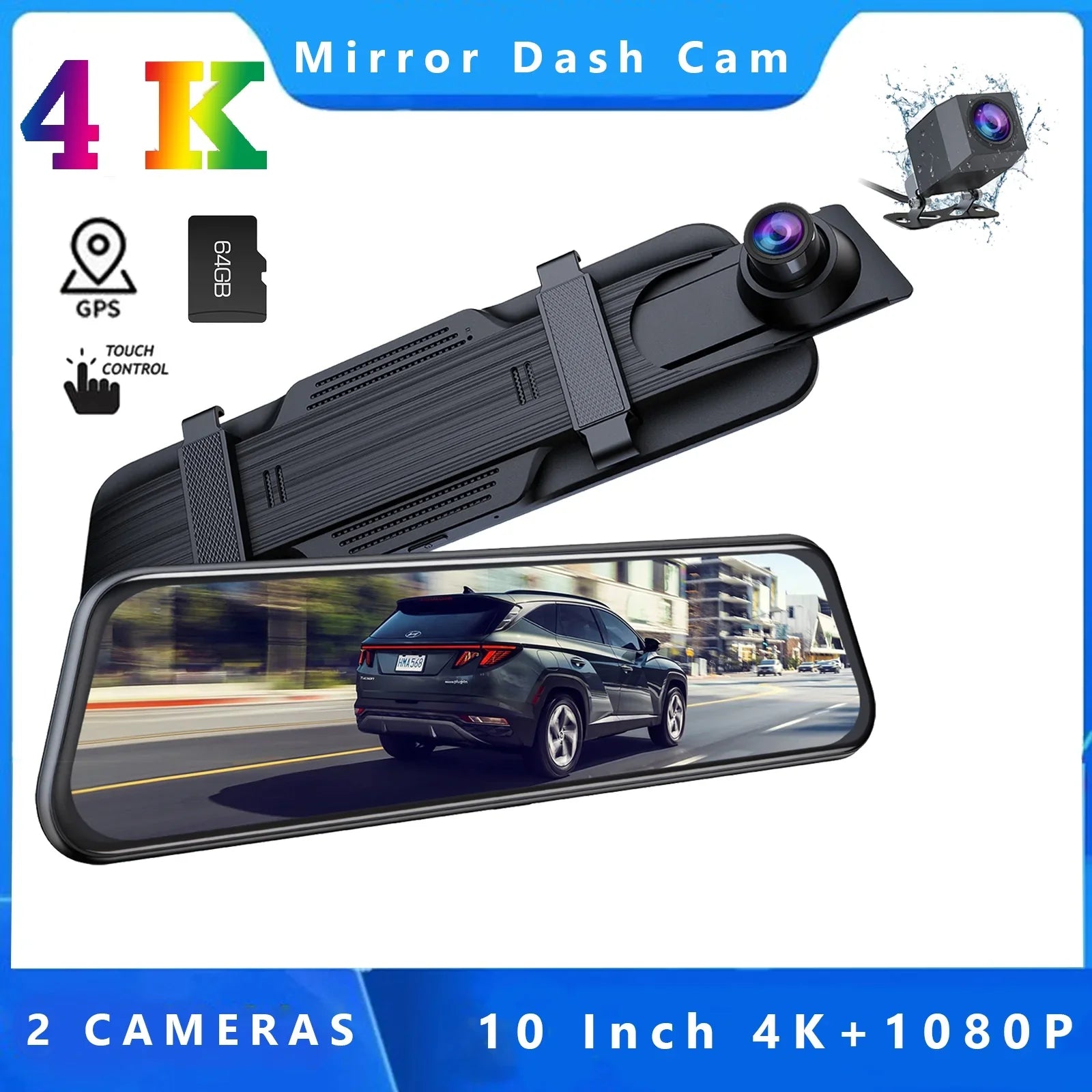 TOGUARD Backup Camera Rear View Mirror Camera, 10" Touch Display 4K+1080P Front and Rear Dash Cam, with 64GB Memory Card, Parking Assist, Parking Monitoring, GPS