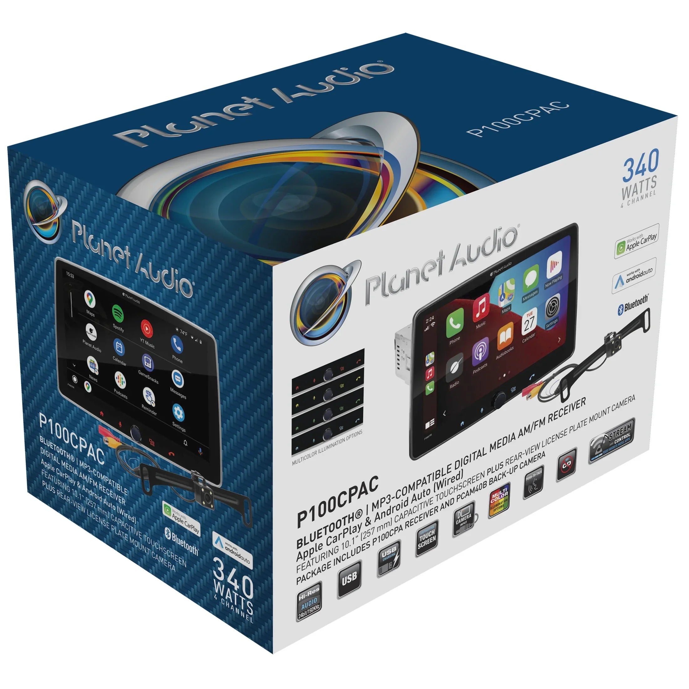 Planet Audio P100CPAC Car Stereo - Apple CarPlay, Android Auto, Single Din, 10.1 Inch Monitor Bluetooth, No CD DVD Player, AM/FM Radio Receiver, Backup Camera