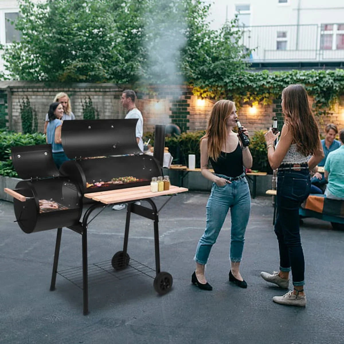 Grill, DFITO Charcoal BBQ Grill Outdoor Charcoal Grill with Smoker, 24.4" L x 29.6" H BBQ Grill with Side Burner/Thermometer, Small Grills Outdoor Cooking for Camp Backyard, Black