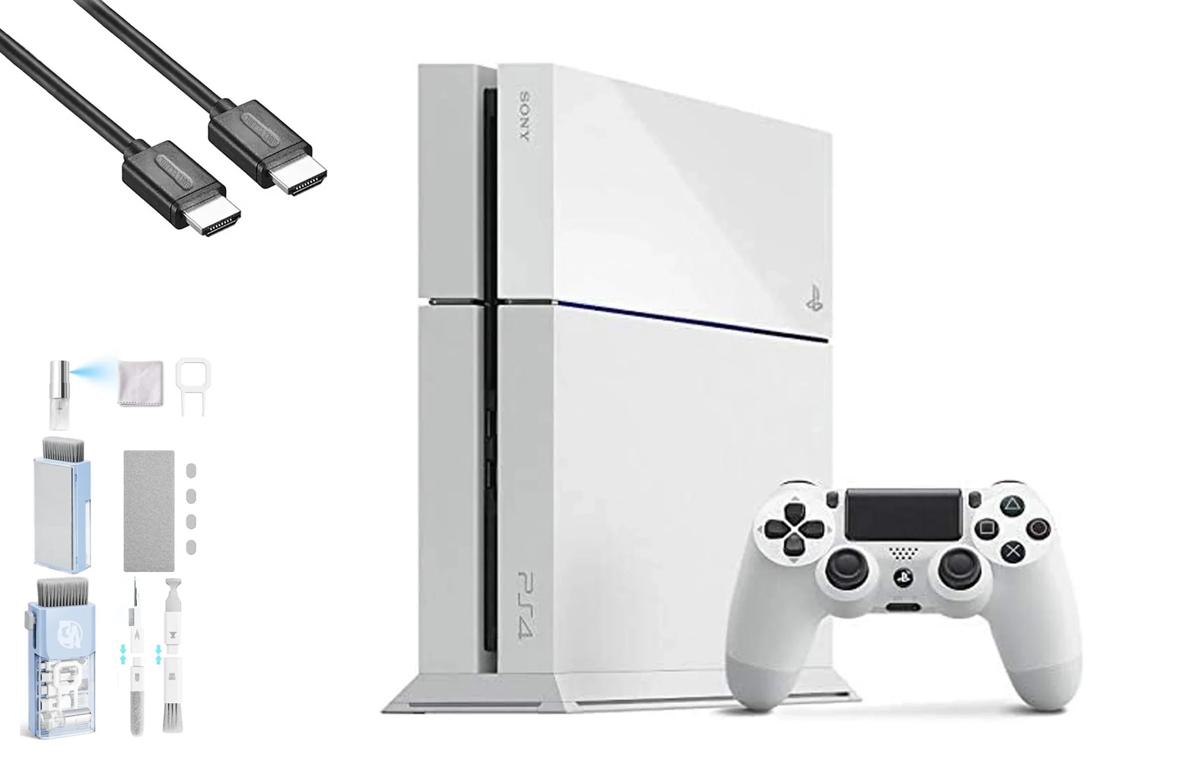 Sony PlayStation 4 500GB Gaming Console White HDMI Cable with BOLT AXTION Cleaning Kit Bundle Like New