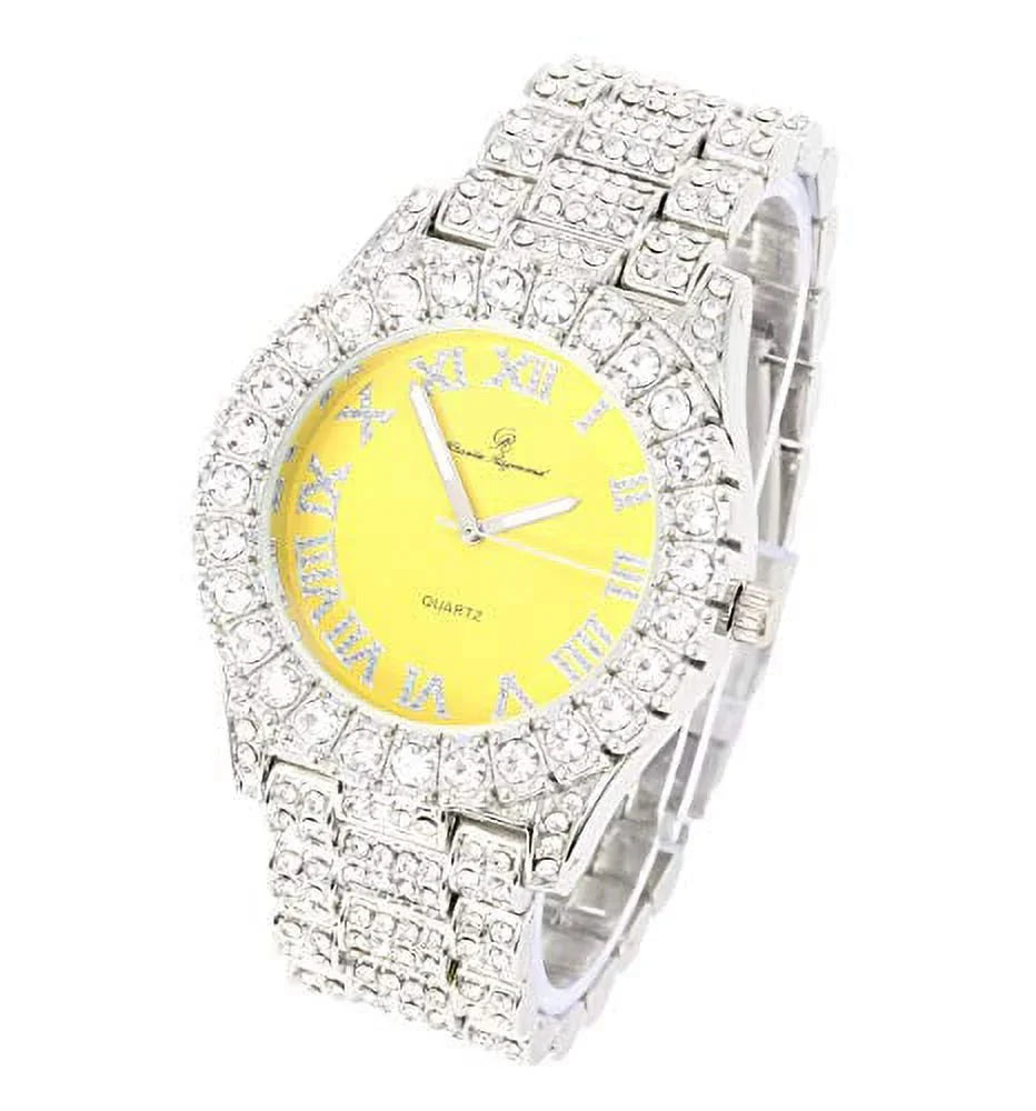 Mens Silver Big Rocks with Roman Numerals Fully Iced Out Colorful Dial Watch - ST10327 RN Single (Silver Yolo Yellow)