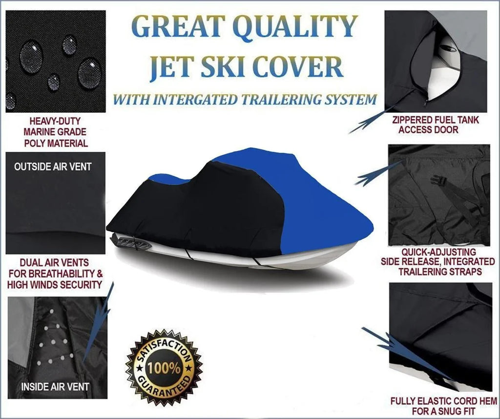 BLACK / BLUE HEAVY-DUTY, 600 DENIER Jet Ski Cover PWC Cover Compatible for Kawasaki 750 STX 1994 1995 1996 1997 1998
