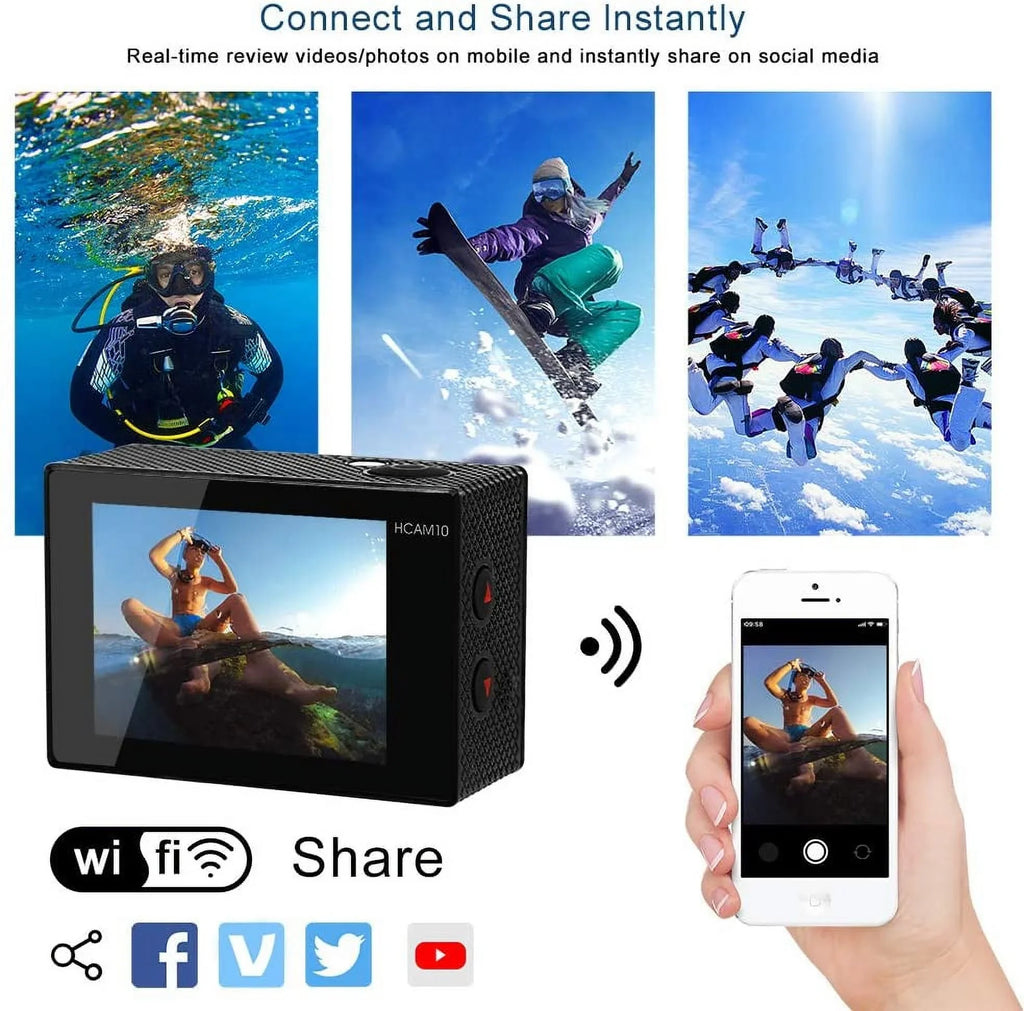 Video Action Camera 4K with Wide Angle Lens HD WiFi Underwater Camera with Waterproof Case Remote Outdoor Sports Camera for Vlog with Accessories Mount Kit Energy Source Charger