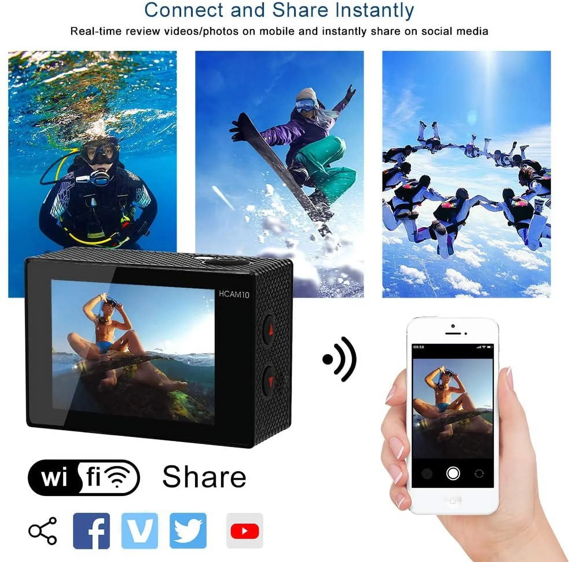 Video Action Camera 4K with Wide Angle Lens HD WiFi Underwater Camera with Waterproof Case Remote Outdoor Sports Camera for Vlog with Accessories Mount Kit Energy Source Charger