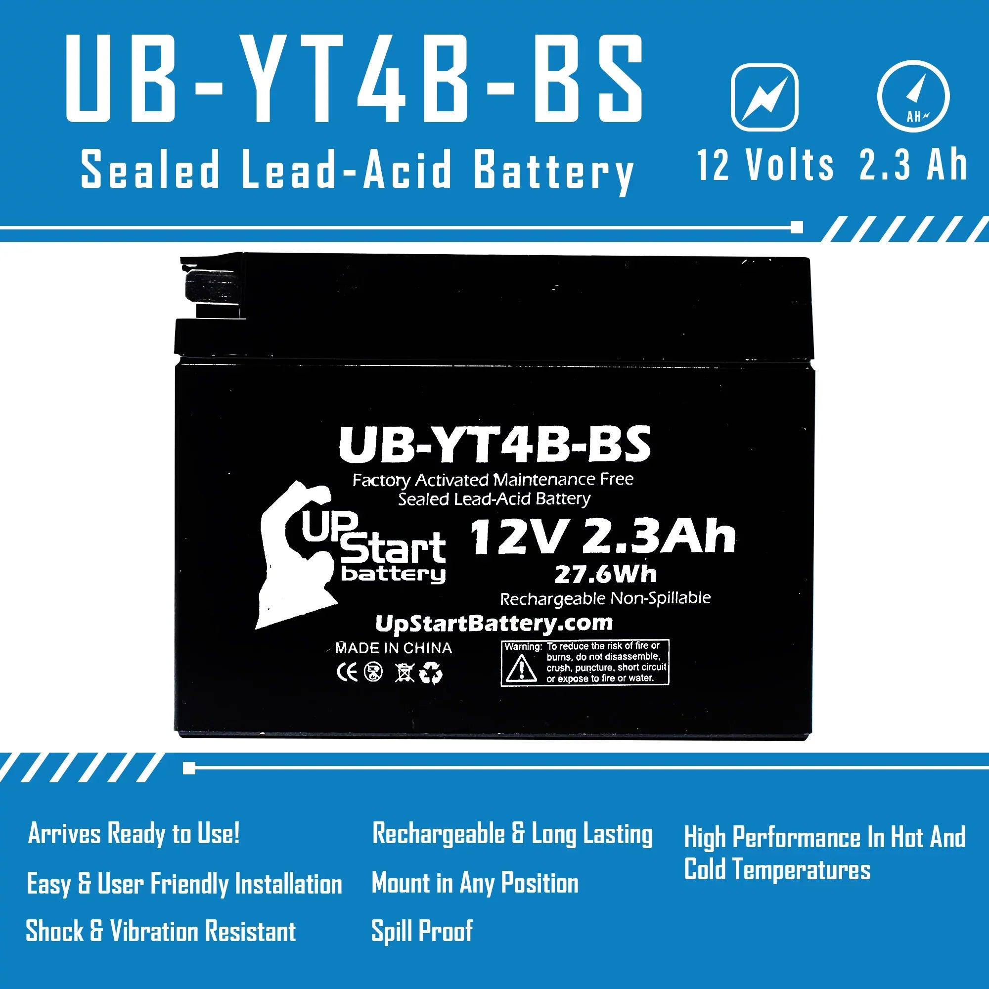 4-Pack UpStart Energy Source Replacement for 2010 Yamaha SR400 (FI) 400CC Factory Activated, Maintenance Free, Motorcycle Energy Source - 12V, 2.3Ah, UB-YT4B-BS