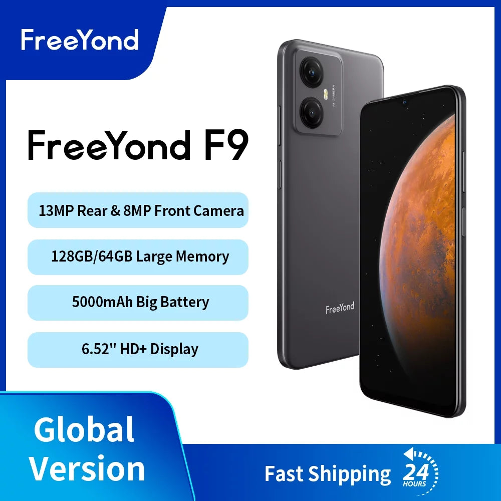 FreeYond F9 Smartphone, HD+6.52" Display Sim, Power Unit 5000 MAh, 64GB/128GB Rom, Real Camera 13+8MP With 2MP Macro