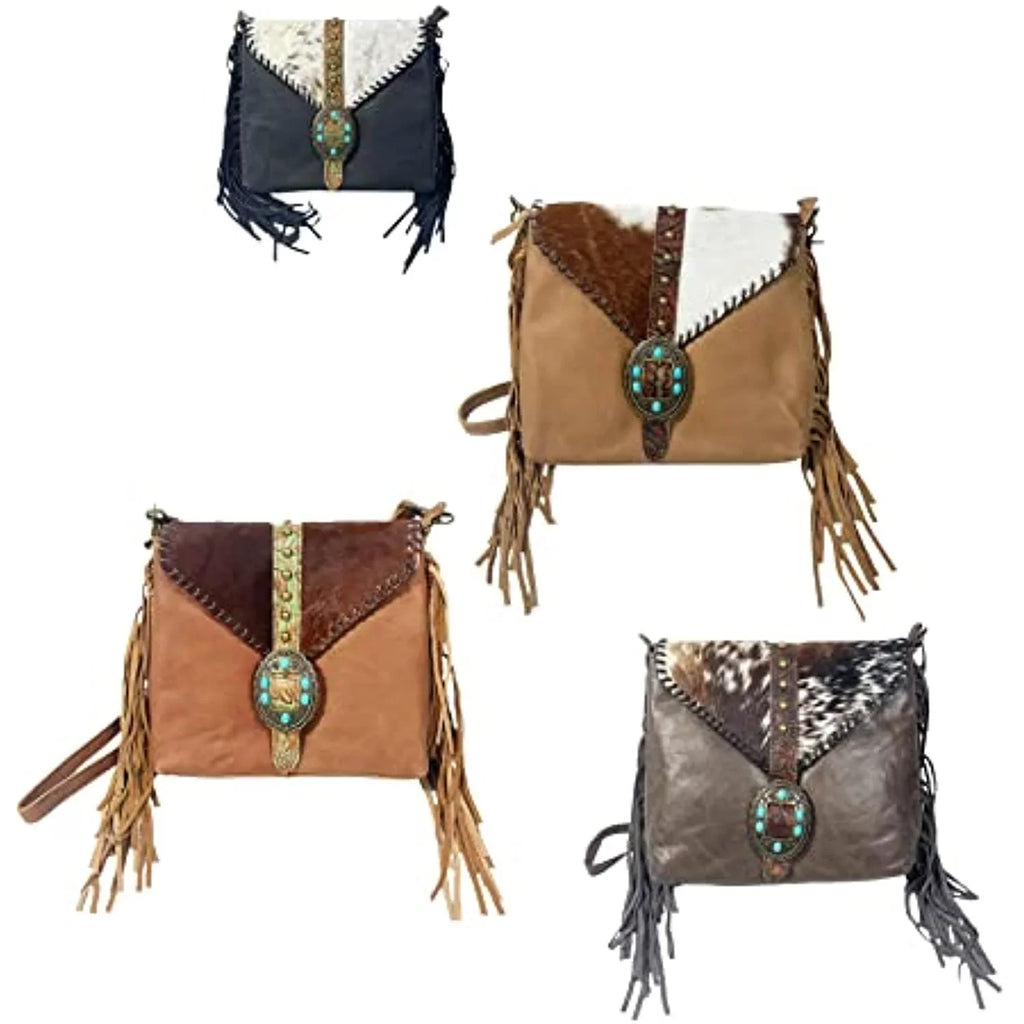 Urbalabs Western Crossbody Fringe Buckle Cowhair Leather Messenger Teal Stone Tooled Tote Bag Hand Stitched Purses (Blue)