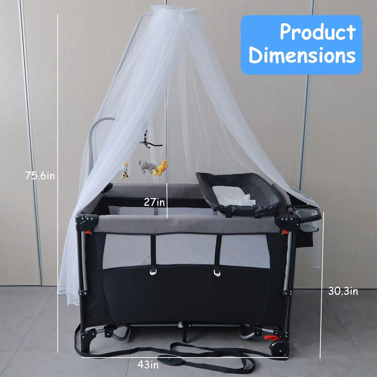 iMounTEK 6 In 1 Portable Babe Nursery Center Play Yard, Foldable Babe Crib Include Wheels, Canopy, Music Box, Toys Storage Trayand Changing