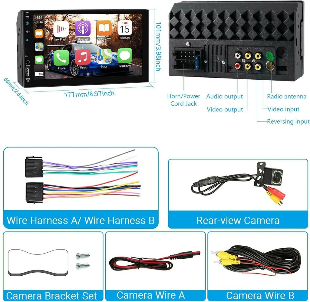 Double 2Din 7" Car Stereo Android/Apple Carplay Radio Touch Panel Player + 12LED Camera