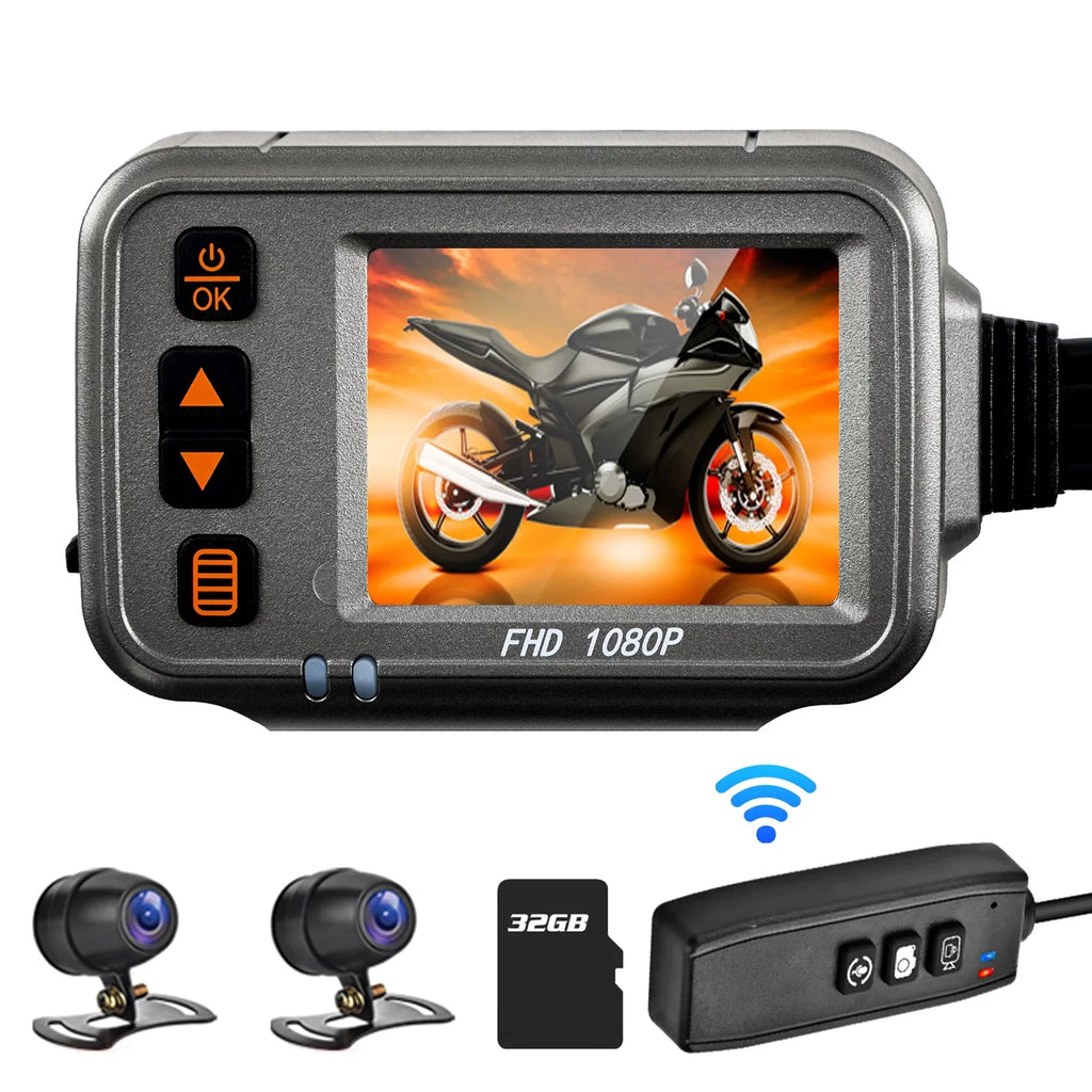 Dcenta Motorcycle Dash Cam,WiFi 1080p Motorbike Camera ,120° Wide Angle,Parking Monitoring, Timed Recording After Flameout Full Body Waterproof Night Vision With 32G storage card
