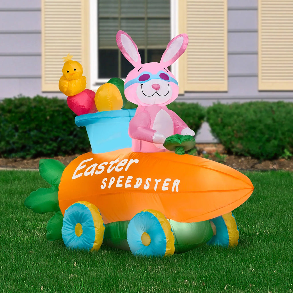 National Tree Company Inflatable Bunny in a Carrot Roadster Decoration, Self Inflating, Plug In, Easter Collection, 54 Inches