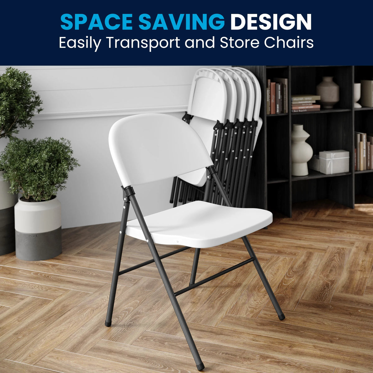 Flash Furniture HERCULES Series 330 lb. Capacity Granite White Plastic Folding Chair with Charcoal Memory