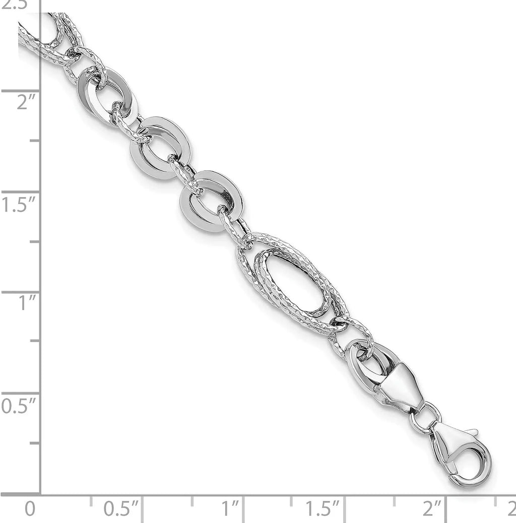 Avariah Diamonds Gold 14k White Polished & Textured Oval Fancy Link Bracelet - 7.75"- Made In Italy