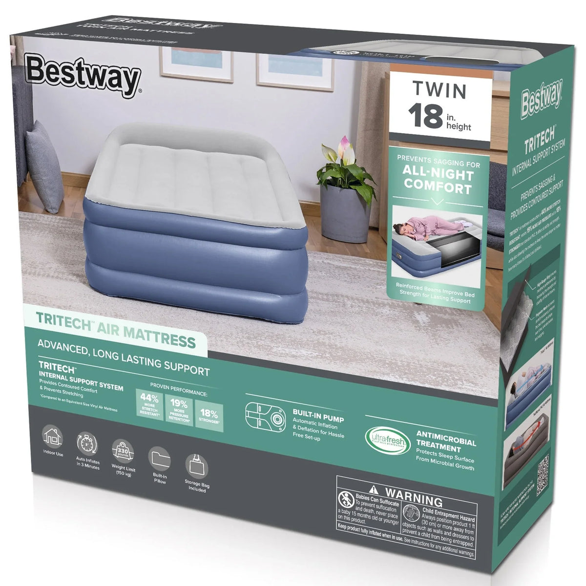 Bestway Tritech Air Mattress Twin 18” with Built-in AC Pump and Antimicrobial Coating