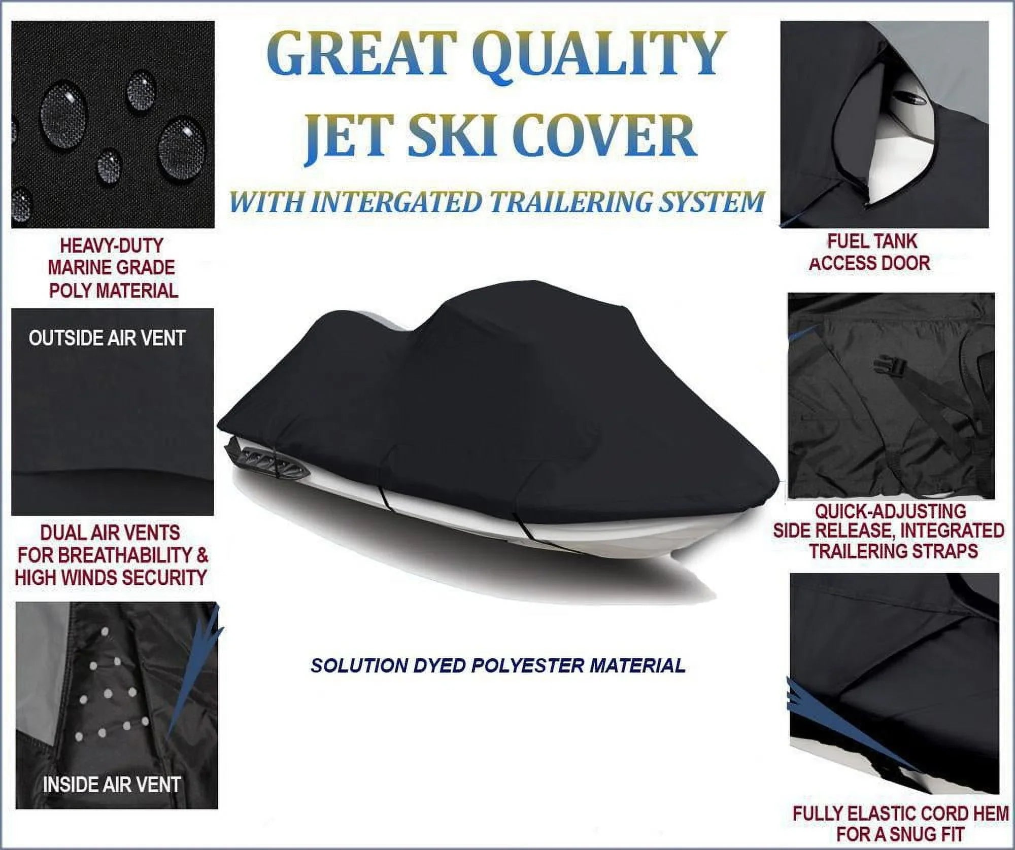 BLACK 600 DENIER JetSki Cover Compatible for Jet Ski Cover Watercraft jetski Kawasaki Ultra 310LX 2014 2015 2016 2017 2018 2019 2020 2021