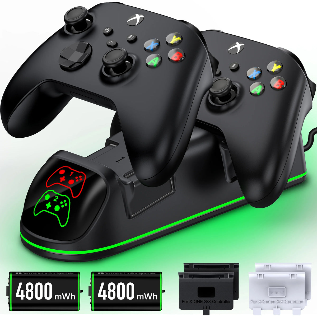DinoFire Xbox Controller Charging Station with 2x4800mWh Rechargeable Cell Packs, Xbox Series X Controller Charger for Xbox Series X|S/Xbox one/Elite