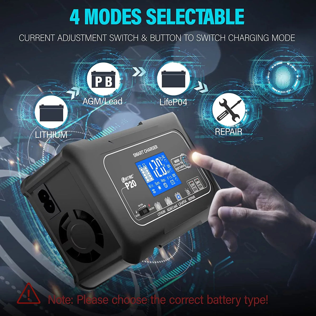 OIEXI 20-Amp Smart Energy Source Charger,Lithium,LiFePO4,Lead-Acid,Portable Car Energy Source Charger,Trickle Charger,Maintainer/Deep Cycle Charger,12V/20A and 24V/10A Adjustable,for Boat,Lawn Mower,Golf Cart..