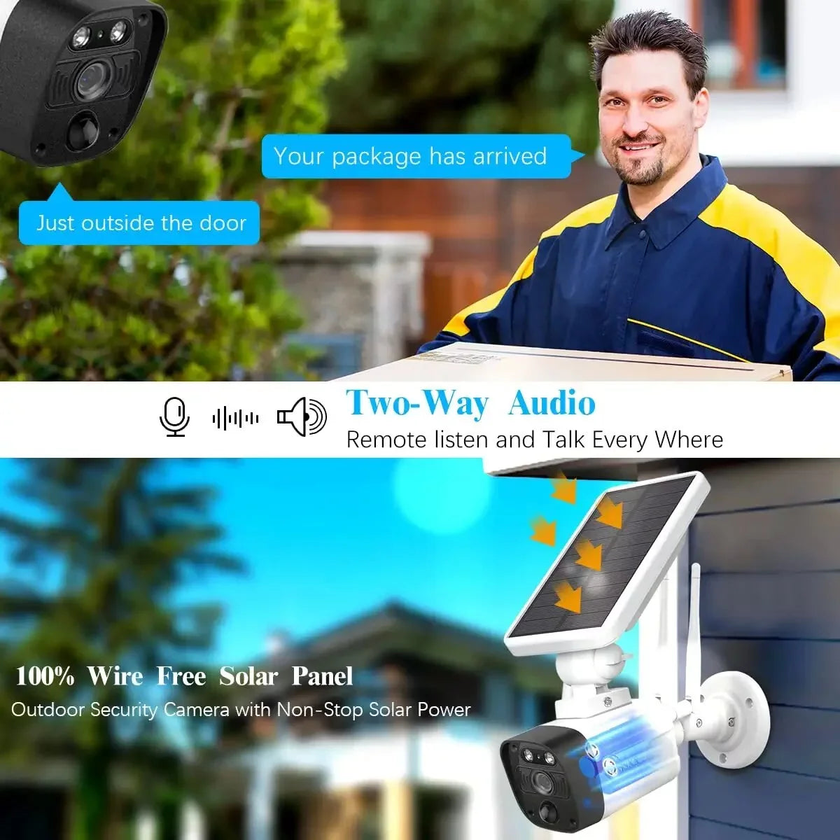 {100% Wire-Free Solar Powered} 2pcs camera system, 2-Way Audio with Antennas, 2K 3.0MP Solar Powered Wireless Camera with Rechargeable Batteries