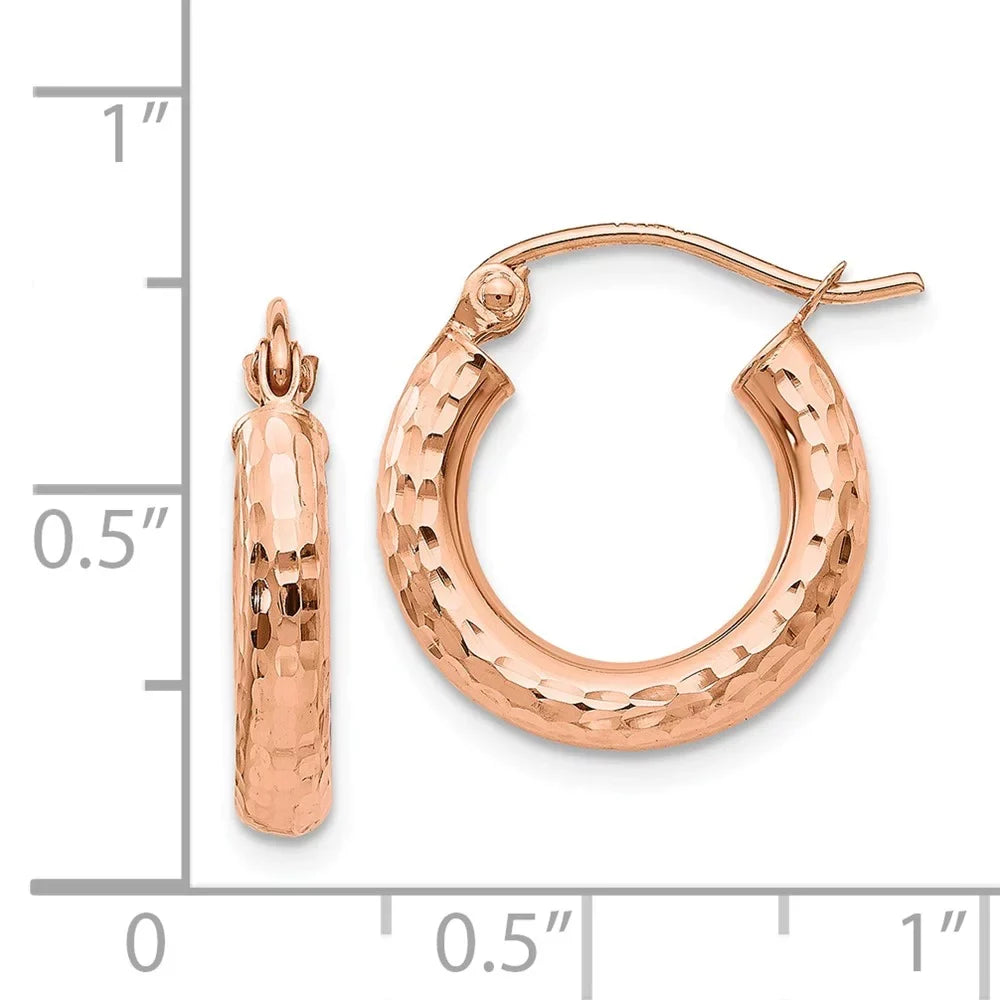 Real 14kt Rose Gold Polished Lightweight Small Diamond-cut Tube Hoop Earrings; for Adults and Teens; for Women and Men