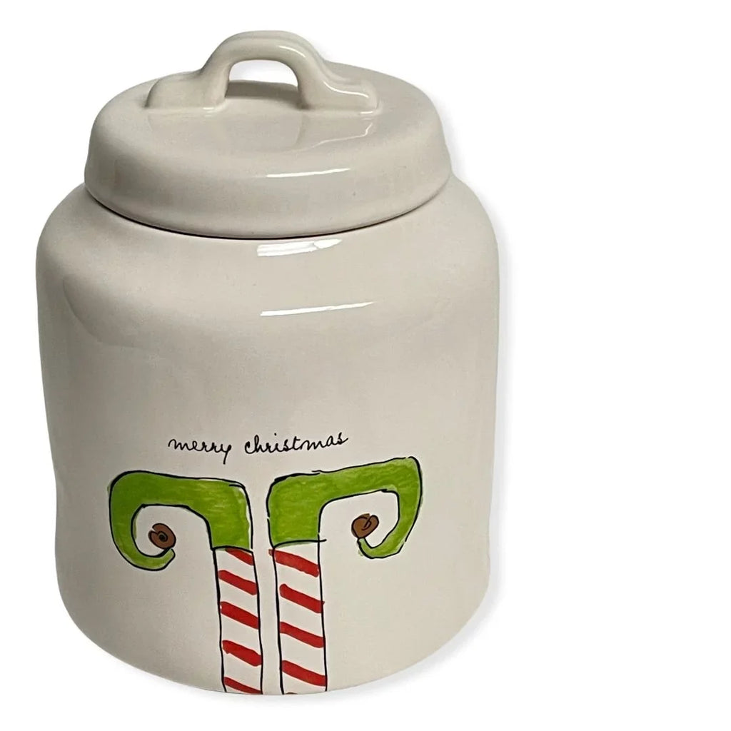 Rae Dunn MERRY CHRISTMAS ELF White Storage LL Canister With Black Letters